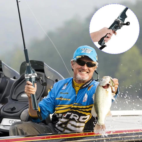 Angler holding fish with Grab And Go Pocket Telescopic Fishing Rod And Reel Combo, collapsible stainless steel pole in boat with inset detail.
