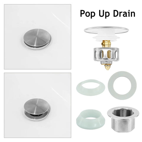 Top Shelf Brushed Nickel Pop Up Bath Sink Drain Stopper Without Overflow, Slick Stainless Steel Assembly With Anti Clog Strainer Basket, No Sweat Install, Built Tough, Dead Simple Operation