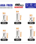 440 Piece Flat Hex Socket Head Cap Screws Kit In 304 Stainless Steel M3 M4 M5 displayed with size and quantity labels