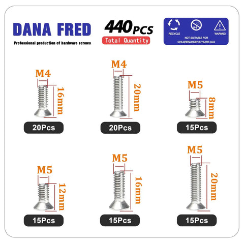 440 Piece Flat Hex Socket Head Cap Screws Kit In 304 Stainless Steel M3 M4 M5 displayed with size and quantity labels