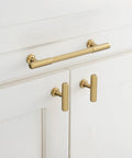 Champagne Bronze Cabinet Pulls 10 Pack 5 Inch Center To Center 6.6 Inch Overall Length installed on white cabinets