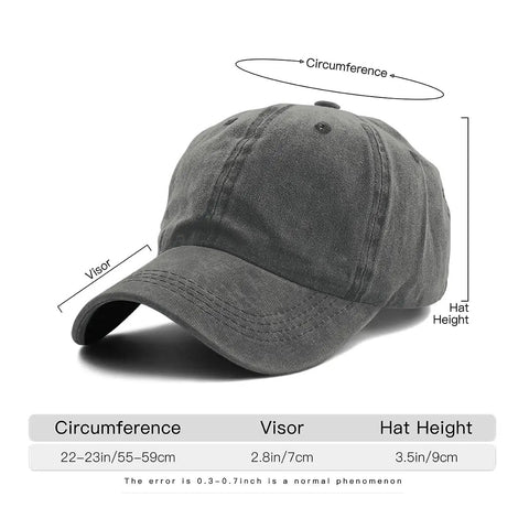 Funny RV Caravan Lover Hat For Travelers Unisex Baseball Cap Trucker Style showing size measurements.