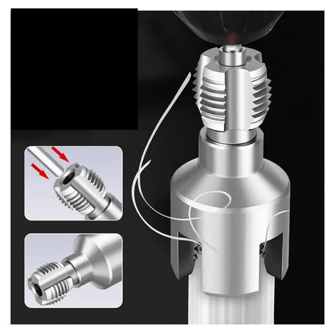 Close-up of Heavy Duty PVC Pipe Threader cuts internal and external threads, fits standard drill, showing precision design.