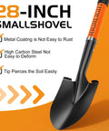 Close-up of orange 28-inch D handle Kids Shovel For Sand And Snow with metal and fiberglass, features listed on side