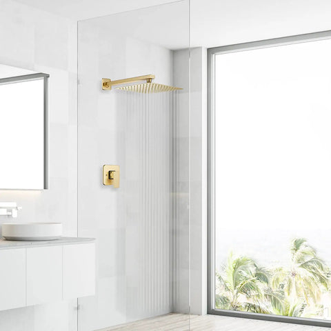 High Pressure 16 Inch Square Brushed Gold Rain Shower Head 304 Stainless Steel Ultra Thin Design Flexible Silicone Jets Fight Lime Scale Huge Coverage For Full Body Soak Half Inch NPT Connection
