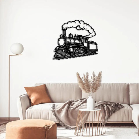 Retro Steam Locomotive Wall Art For Living Room And Office, Industrial Style Decor, Dope Black 20 Inch Metal Sign above sofa