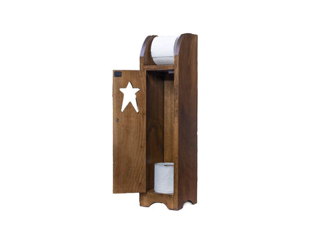Free Standing Wooden Star Toilet Paper Holder In Special Walnut Finish Dope Look with open door showing storage