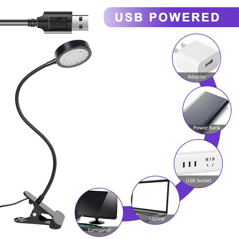 Gooseneck UV Curing Lamp For Resin And Gel Nails, 5W 395nm, USB powered with 1.5m cable and clip-on base showing uses with adapter and power bank