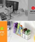 Game Changing Drink Packet Organizer With Adhesive And Magnet Mount For Fridge Cabinet Featuring Slide Out Dividers To Keep Your Kitchen Pantry Fully Loaded And Always Slick, showing before and after organization.