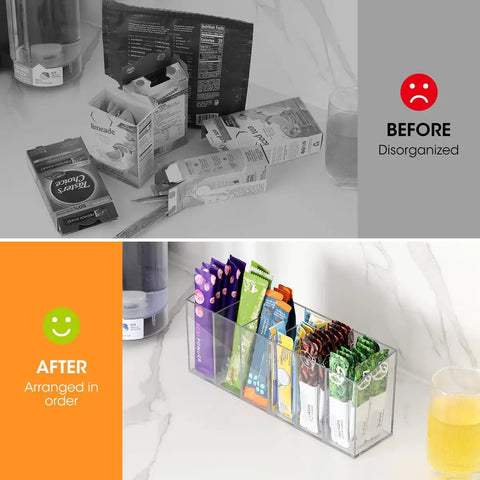 Game Changing Drink Packet Organizer With Adhesive And Magnet Mount For Fridge Cabinet Featuring Slide Out Dividers To Keep Your Kitchen Pantry Fully Loaded And Always Slick, showing before and after organization.