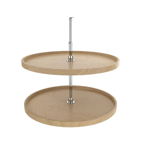 Premium Wood Lazy Susan Double Tier Turntable with smooth maple shelves and chrome hub for corner base cabinets.