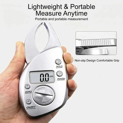 Digital Fat Caliper with Nonslip Grip, ABS, 50mm Ranging, Red held in hand, displaying measurement, features ergonomic design.