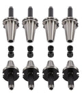 Pro Grade Cat40 Er11 Collet Chuck Tool Holder Eight Pack with stainless steel and black tapered design for machining.