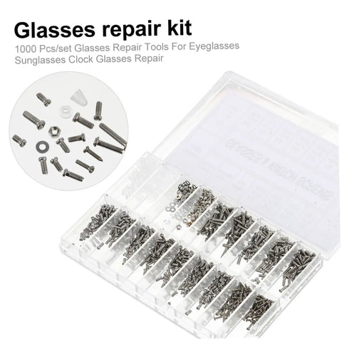 Glasses Repair Kit With Tweezers Screwdriver Cleaning Cloth And Thousands Of Eyewear Screws for quick fixes, screw assortment visible.