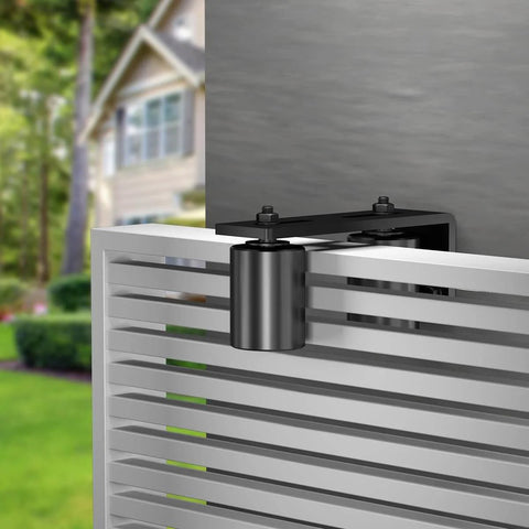 Close-up of Heavy Duty Gate Roller Kit with 3 Inch Black L Shaped Bracket mounted on metal gate outdoors
