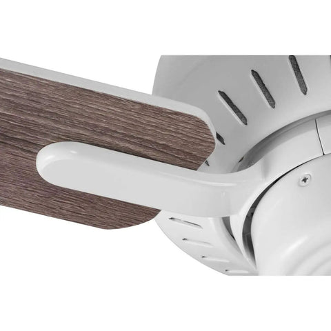 Close-up of Drift Collection 32 Inch Four Blade Ceiling Fan With Whisper Quiet Motor showing wood-grain blade and white finish