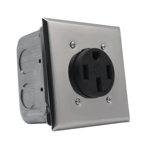 Built Like A Tank 50 Amp Power Outlet Receptacle Nema 14 50R Four Prong Socket mounted on stainless steel faceplate.