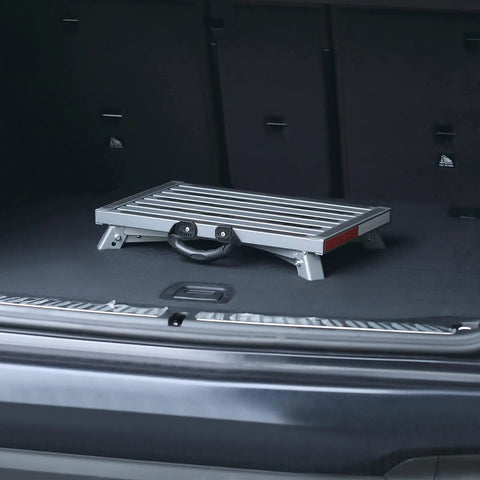 Beefy Heavy Duty Aluminum RV Steps Folding Platform Stool with anti-slip surface in car trunk for camping and trailers 330 lb capacity