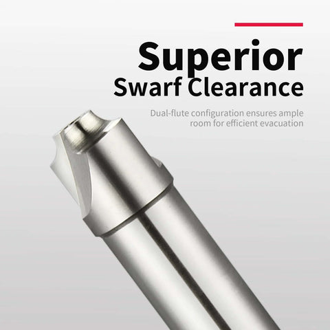 Close-up of corner rounding end mill cutter with straight shank, two flutes, silver metal.