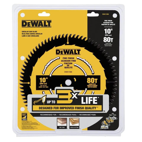Image of 10 Inch 80 Tooth Fine Finish Table Saw Blade Ultra Sharp Carbide for clean cuts in yellow and black packaging.