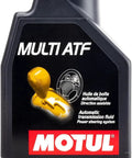 Front view of Motul bottle labeled 100 Percent Synthetic Automatic Transmission Fluid For Multi Vehicle Use With Dexron III Mercon And Import Specs