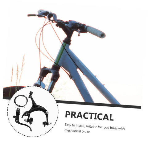 Premium Heavy Duty Alloy C Shape Brake Set Forged From Durable Steel Compatible With Road Or Mountain Bikes Black Finish on bicycle handle.