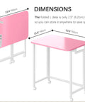 Diagram showing dimensions of Mobile Folding Laptop Cart On Wheels For Small Spaces 23.6 Inch Rolling Computer Desk in Pink and White
