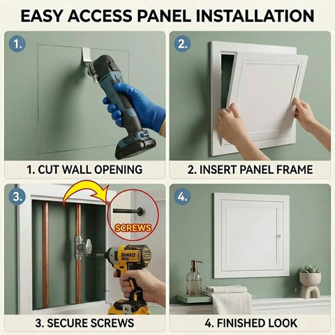 Illustration of Easy Access Panel Installation for Solid As A Rock Heavy Duty Drywall Access Panel Cover Plate for Walls and Ceilings Featuring A Straightforward Quick Install Design 30X40 Inch Fast Fix Utility Door Seamless Flush Finish Patch.