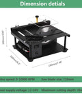 Killer Slick Mini Table Saw Electric Rotary Tool With Variable Speed Motor And 0 To 90 Adjustable Angle showing dimensions and features.