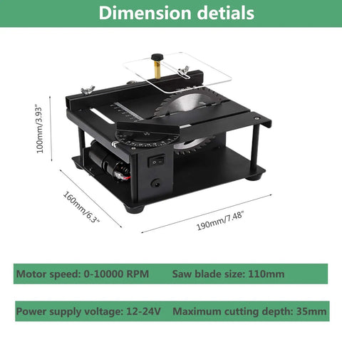 Killer Slick Mini Table Saw Electric Rotary Tool With Variable Speed Motor And 0 To 90 Adjustable Angle showing dimensions and features.
