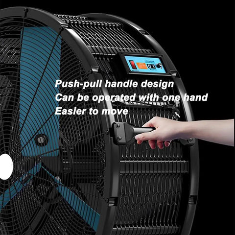 Premium 220V Heavy Duty Floor Fan With 92 Cm Wide Diameter And Tough As Nails Steel Build shown with push-pull handle design for easy movement.