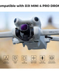 Close-up of DJI Mini 4 Pro drone with camera, highlighting DJI Mini 4 Pro Filter Kit 4 Pack CPL UV ND8 ND16 Multi Coated Optical Glass.