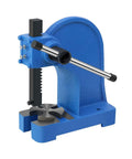 Heavy Duty 2 Ton Manual Mandrel Press Cast Iron Bench Tool With 8.4 Inch Stroke side view showing sturdy blue cast iron construction.