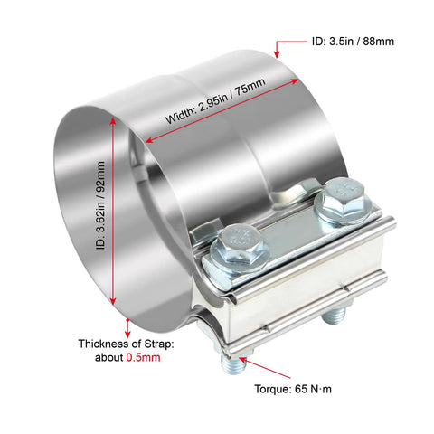 Heavy Duty 3.5 Inch Exhaust Clamp Kit 4 Pack Universal Lap Joint Band Clamp Stainless Steel Sleeve Coupler with dimensions and bolts