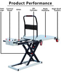 No Sweat Hydraulic Scissor Lift Platform And Portable Flatbed Dolly With Four Heavy Duty Swivel Wheels shown with control panel and features.