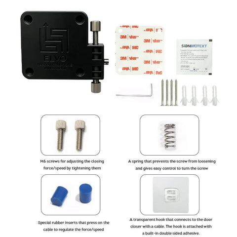 Heavy Duty Auto Door Closer With Zero Drill Install And Tuned Spring Tension For Patio Screen Closet And Main Entrance Doors Breeze To Put Up Delivers A Snug Quiet Close Every Time In Sleek Black installation components including screws, spring, rubber inserts, and adhesive hook.