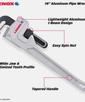 Beefy Aluminum Pipe Wrench 14 Inch Lightweight Yet Tough With I Beam Design Forged Wide Jaws for heavy duty plumbing tasks.