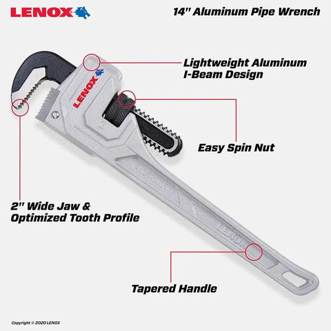 Beefy Aluminum Pipe Wrench 14 Inch Lightweight Yet Tough With I Beam Design Forged Wide Jaws for heavy duty plumbing tasks.