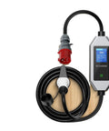 Game Changing 22Kw 32A Three Phase Type Two Portable EV Charger With Wifi App Control GB T EVSE Charging Box on wood surface.