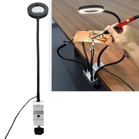 3X LED Magnifying Table Clamp Helping Hand With Flexible Arm Soldering Station in use holding PCB for repair