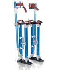 Adjustable Drywall Stilts 24 To 40 Inches With Lightweight Aluminum Frame And Knee Pad Protection, blue stilts standing upright.
