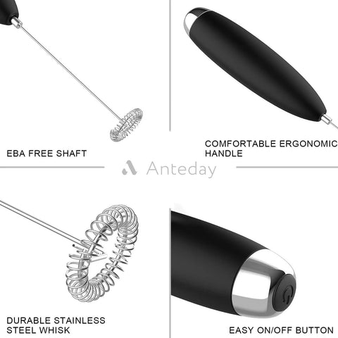 Close-up of handheld electric milk frother wand features: EBA free shaft, ergonomic handle, stainless steel whisk, battery operation.