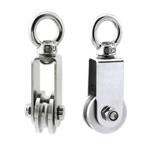2 Pack U Type Swivel Pulleys 304 Stainless Steel With Duplex Bearings Detachable 360 Degree Rotation Heavy Duty Traction Wheel For Rope Rigging And Towing, front and side view