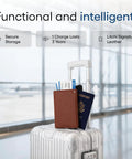 Straight Up The No Sweat Apple Find My Compatible Passport Holder With Built In Tracking And Mfi Certification Featuring Heavy Duty Rfid Shielding Plus A Three Year Rechargeable Battery For Super Smooth Trips In Brown on a suitcase with passport and tickets.