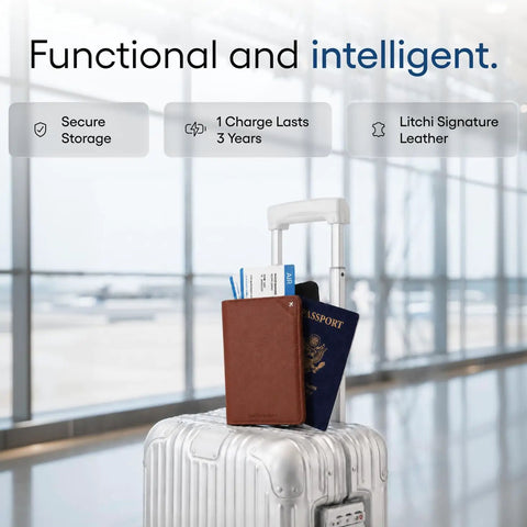 Straight Up The No Sweat Apple Find My Compatible Passport Holder With Built In Tracking And Mfi Certification Featuring Heavy Duty Rfid Shielding Plus A Three Year Rechargeable Battery For Super Smooth Trips In Brown on a suitcase with passport and tickets.