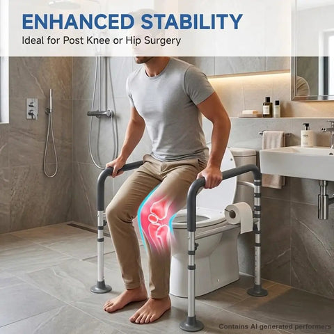 Solid Heavy Duty Toilet Safety Rails For Seniors Adjustable Height And Width 350 Pounds Rust Resistant Aluminum Bathroom Support Frame assisting a man.