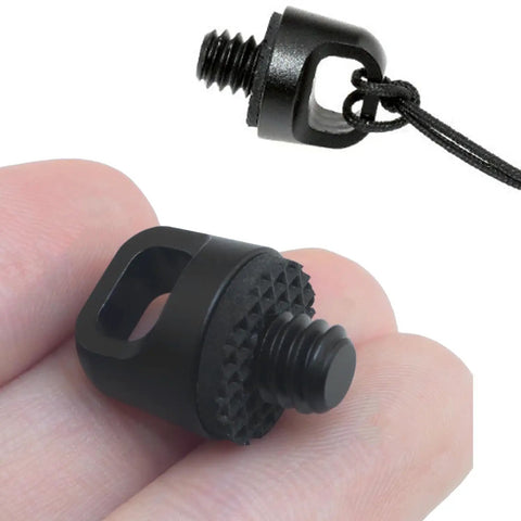 Set Of Two Quick Release Camera Strap Screws Featuring A 1/4 Inch Mount With Plush Rubber Buffers For A No Sweat Easy Snap On Upgrade To Your Dslr Or Mirrorless Rig In Black, showing a close-up of the screw detail.