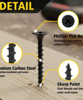 Tough As Nails Black Wood Screws For Drywall And Sheetrock Flat Head Coarse Thread Design Phillips Drive shown embedded in wood.