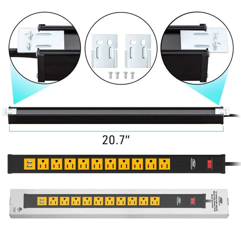 Heavy Duty Power Strip Surge Protector With USB 10 Outlets 6 Foot Extension Cord Mounting Brackets 15 Amp Circuit Breaker 1500 Joules