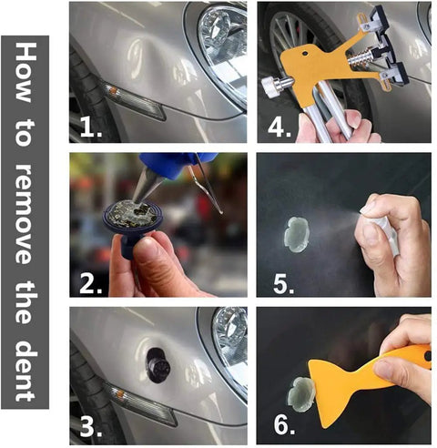 Paintless Dent Repair Kit With Adjustable Width Dent Lifter And Bridge Puller, 45-Piece Glue Tab Set And Glue Gun For Car Body, Motorcycle, And Refrigerator Dents, Easy Durable Dent Removal For DIYers, step-by-step dent pulling on car panel